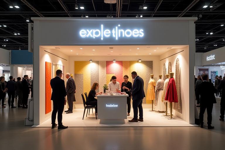 The inviting Textilia Creations exhibition stand at the House Dublin Expo, showcasing various textile samples and attracting potential clients.